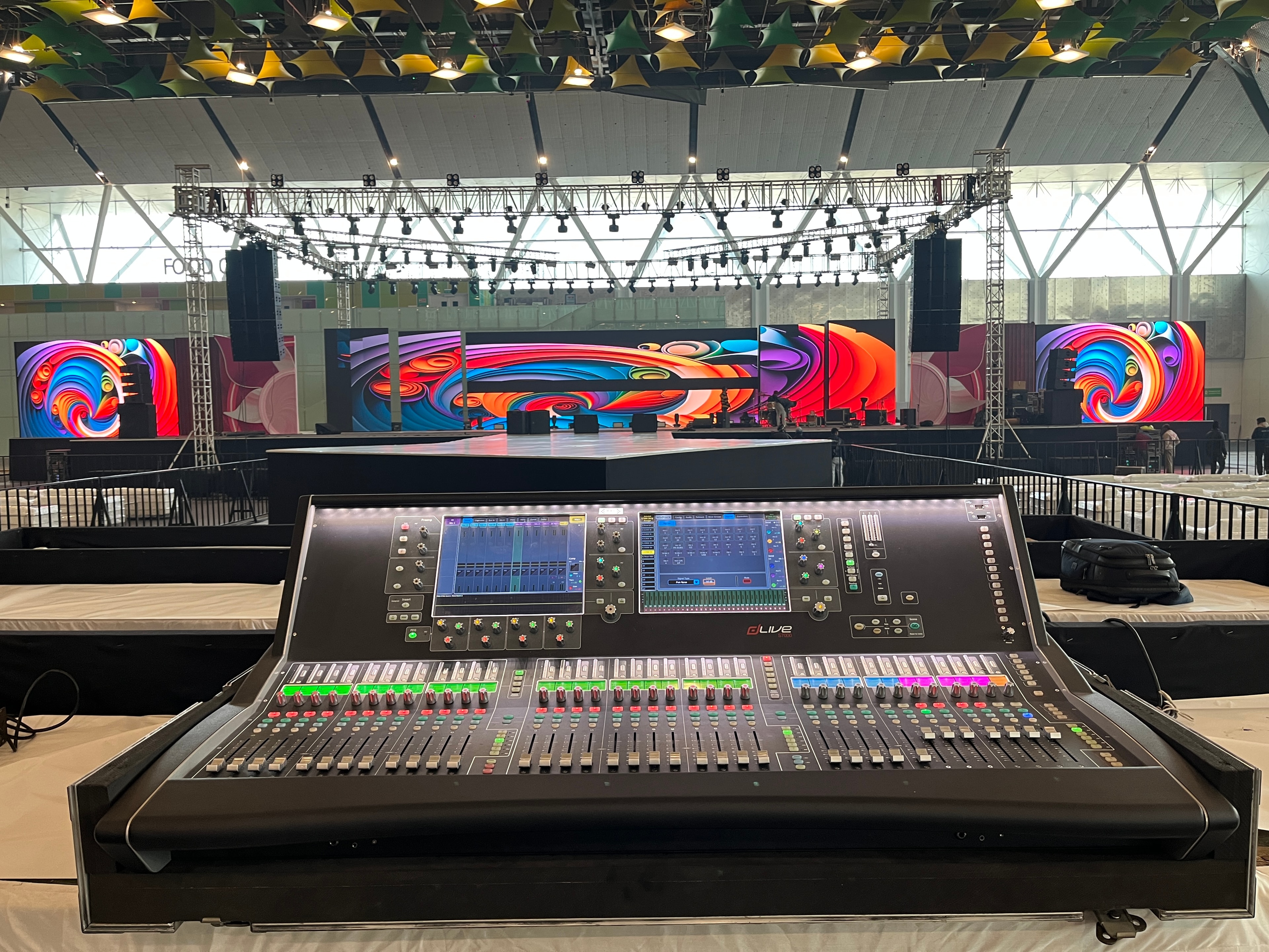 Professional dLive AV audio mixing console and LED stage setup